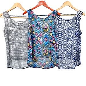 BUNDLE (3) Pinc Aztec Print Sheer Tank Tops Sz S Strappy Back Flowy Tribal Print